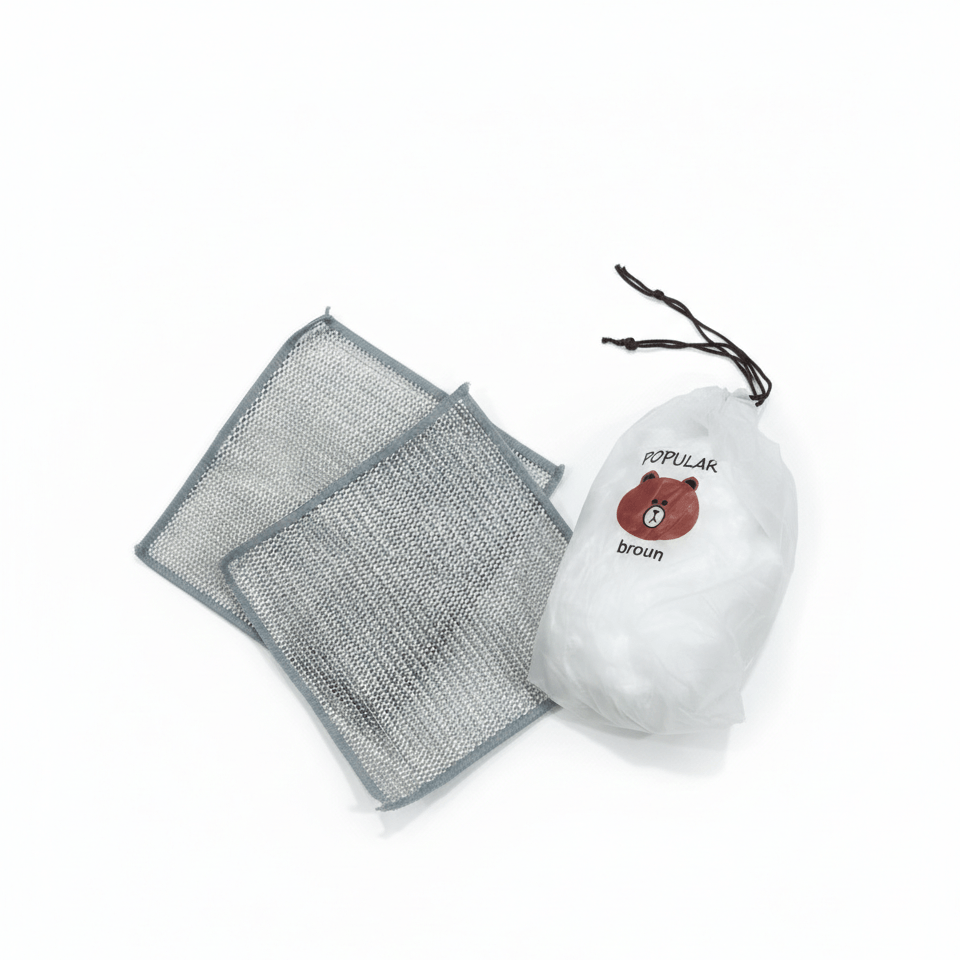 Combo Deal – 2 Pcs Metal Wire Cleaning Cloths with 1 Bear Design Food Cover Packet